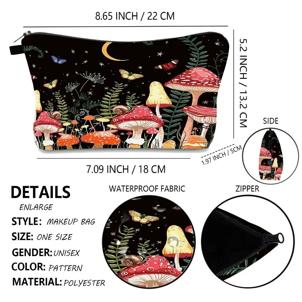 Bolsa de cosméticos estampado hongos, gran capacidad con cierre - imagen 5