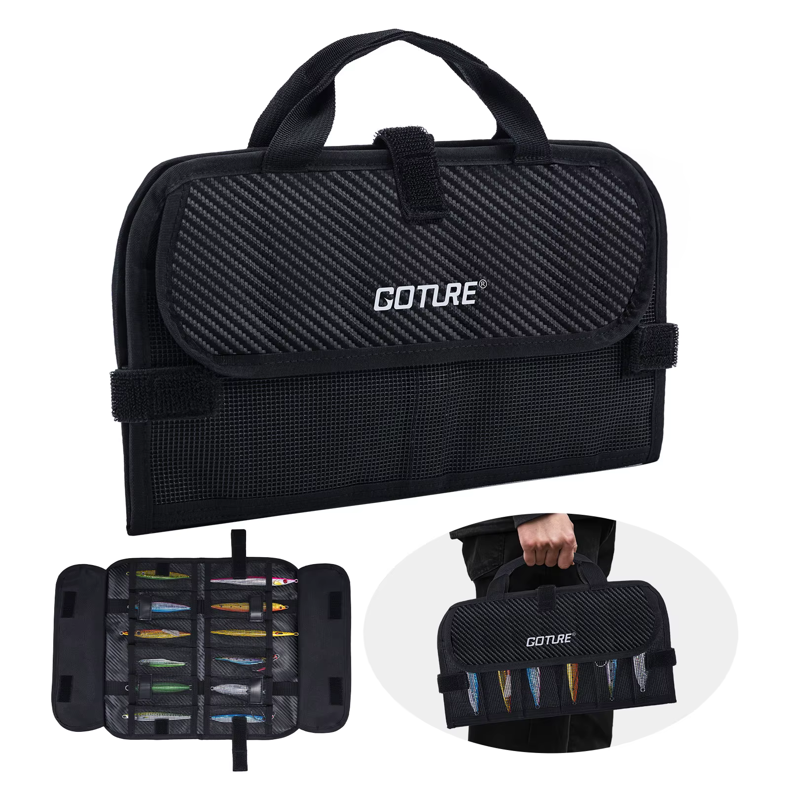 Goture Bolsa señuelos pesca compartimento desmontable bolsillos malla 600D