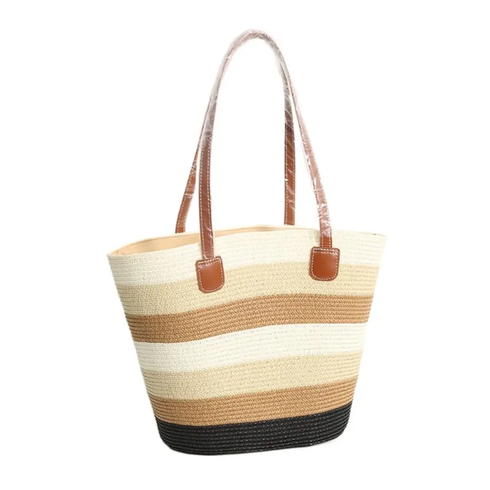 Bolso tote de paja cuadrado gran capacidad con cremallera y rayas - imagen 2