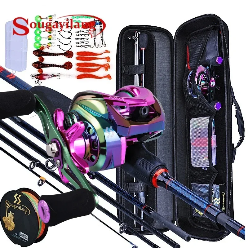 Sougayilang Caña viaje carbono 5 tramos + Carrete Baitcasting Set