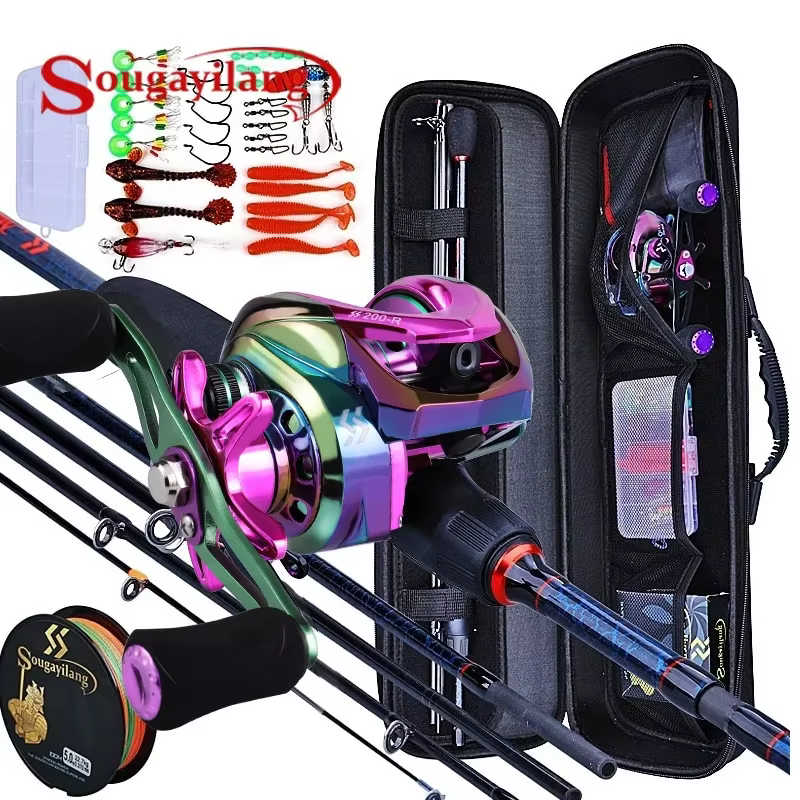 Sougayilang Caña viaje carbono 5 tramos + Carrete Baitcasting Set