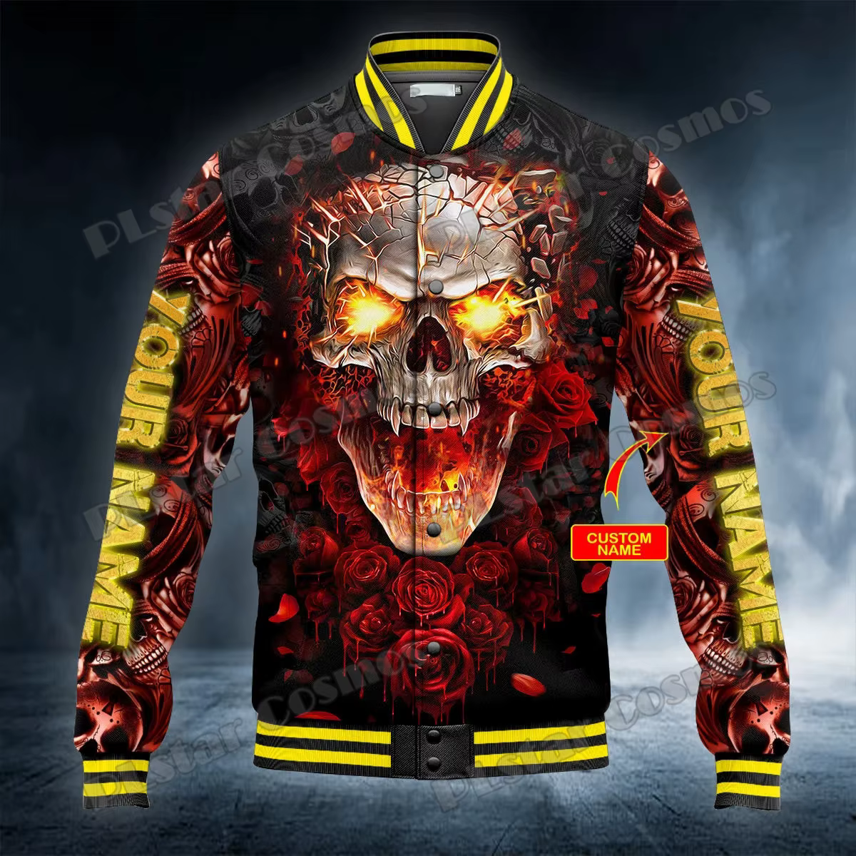 Chaqueta de Béisbol Estampado 3D Calavera y Rosas Rojas – Invierno - imagen 4