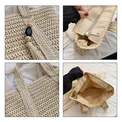 Bolso Tote sólido con borla, gran capacidad, tejido a mano mujer