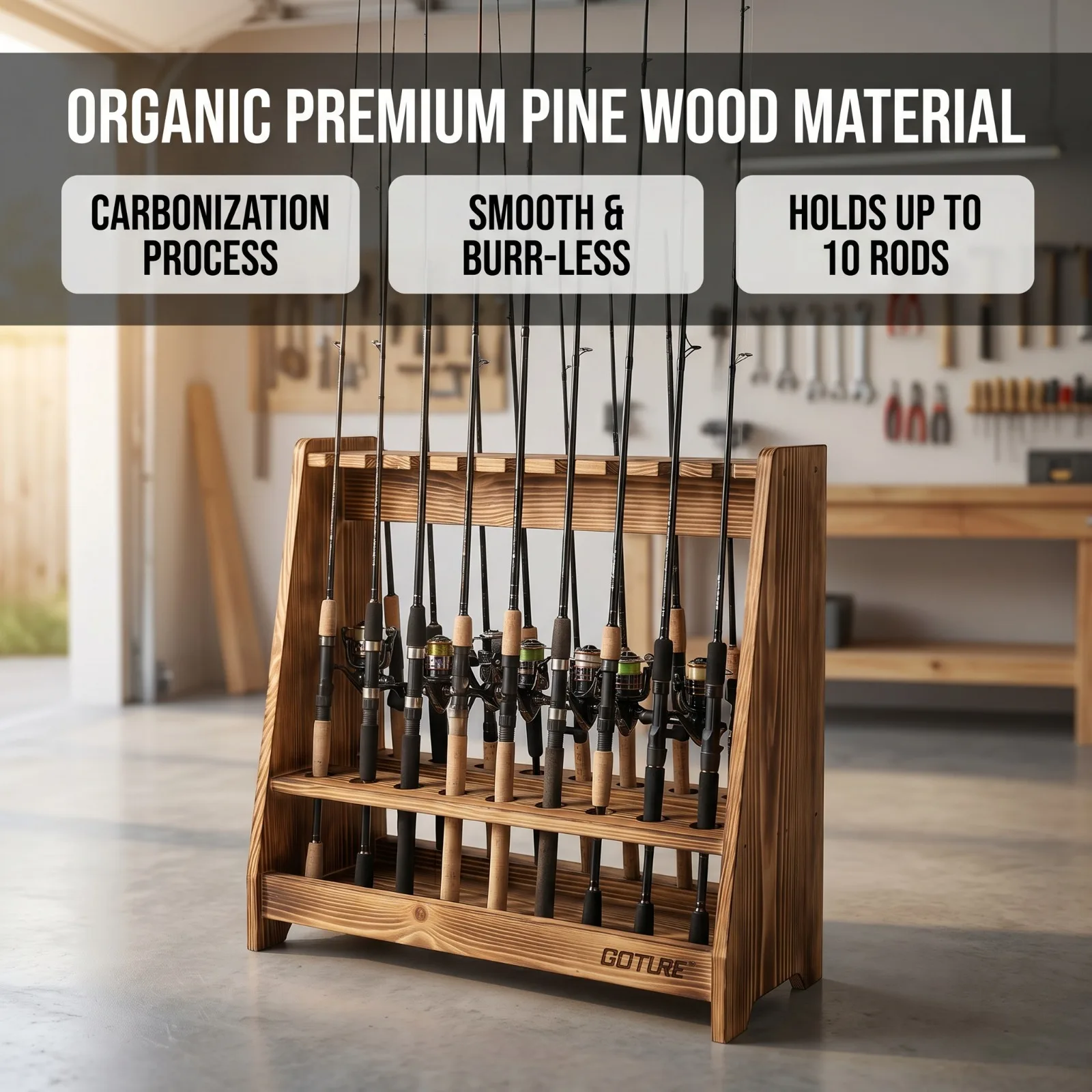 Soporte para cañas Goture de pie de pino carbonizada con ranuras - imagen 4
