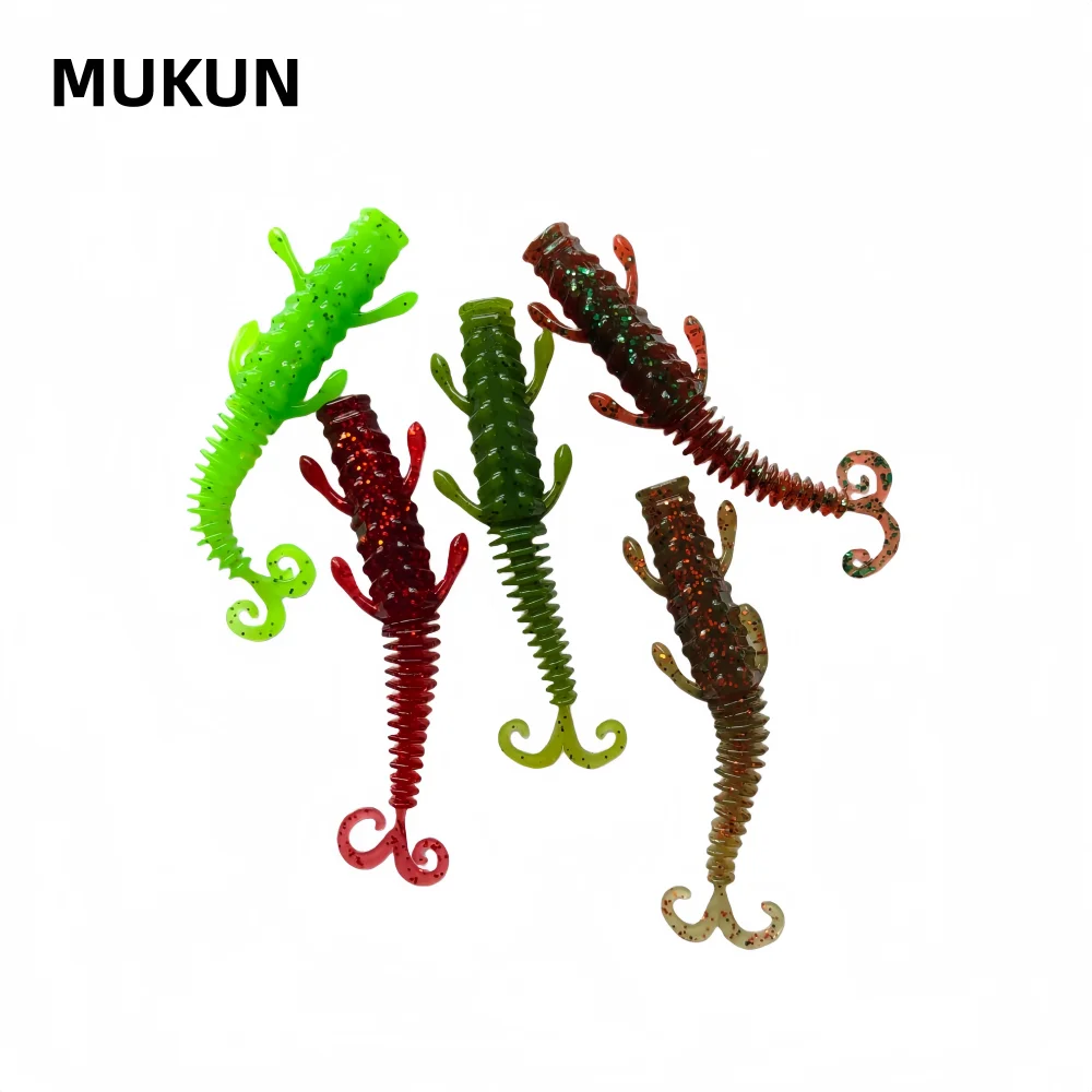 Imagen frontal del señuelo MUKUN mostrando su textura de silicona y forma de camarón