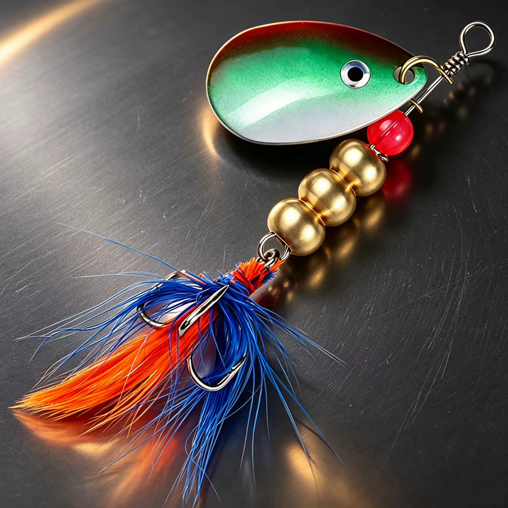 Cuchara ondulante metálica con anzuelo triple de plumas para lucio