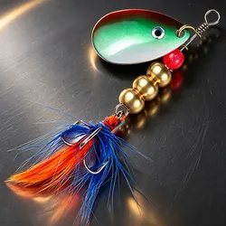 Cuchara ondulante metálica con anzuelo triple de plumas para lucio