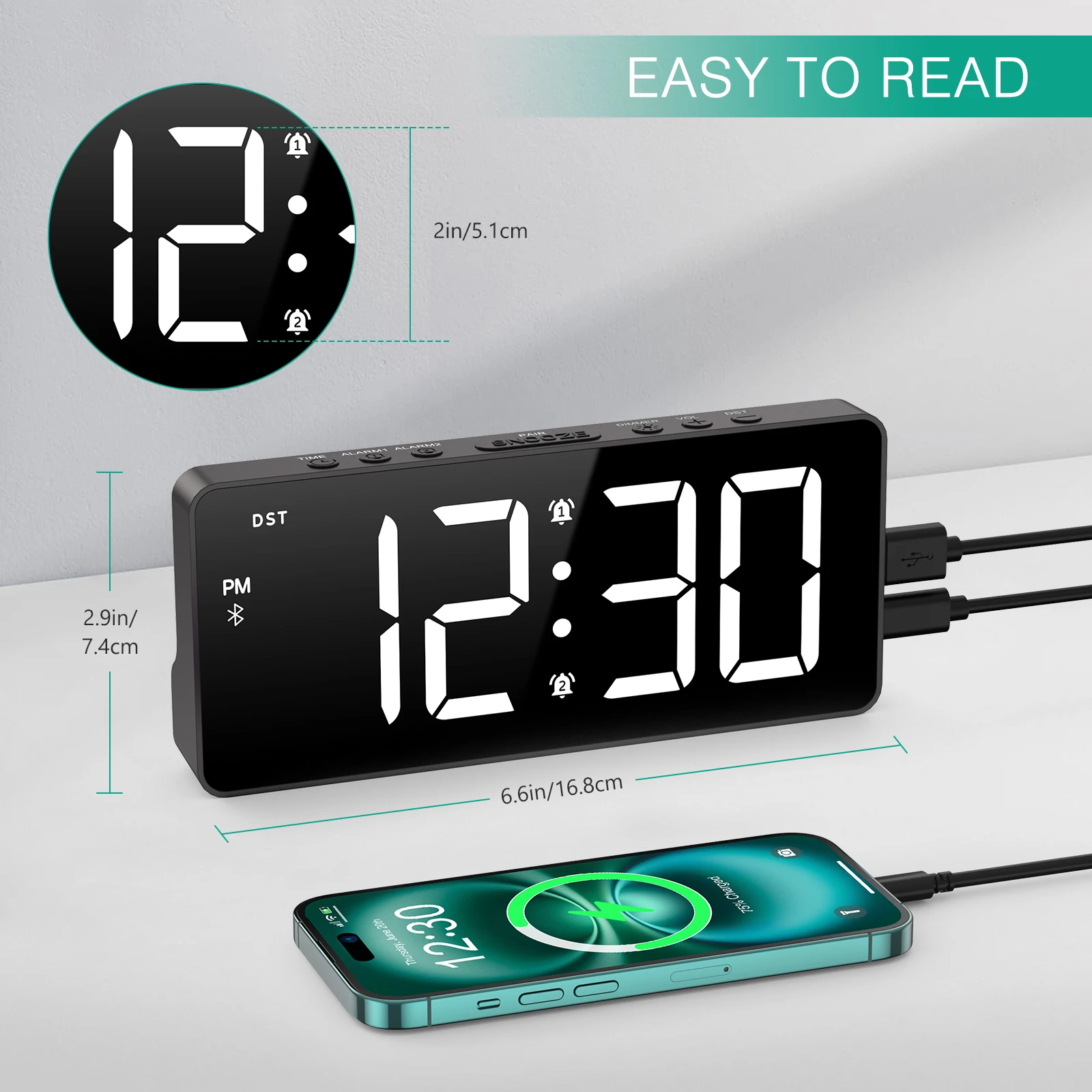 Reloj despertador digital ORIA LED 7" con Bluetooth y sincronización automática