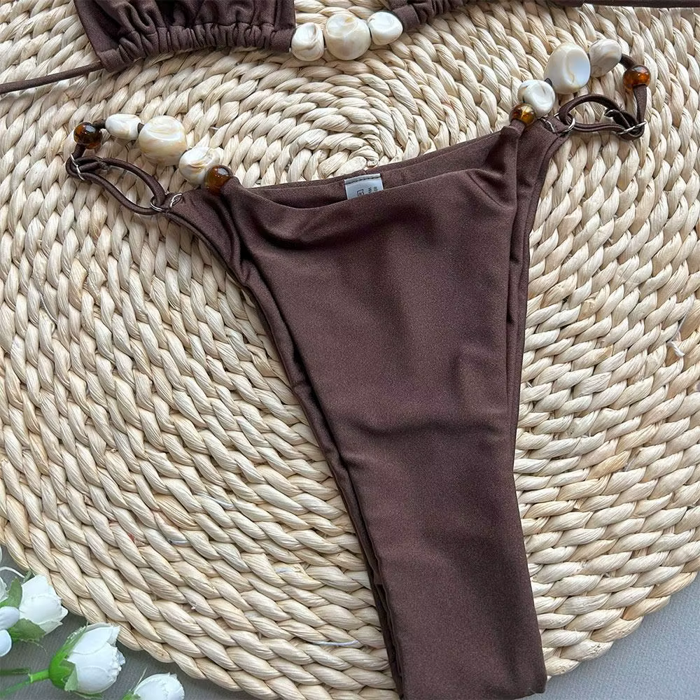 Bikini de triángulo con cuello halter y cuentas para mujer