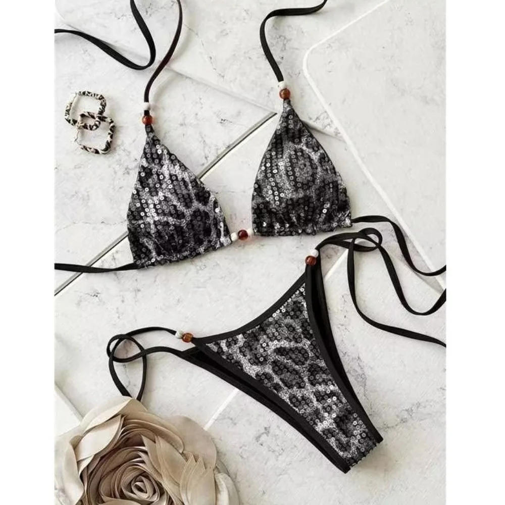Bikini sexy leopardo con lentejuelas y cuentas, cordones en la espalda - imagen 2