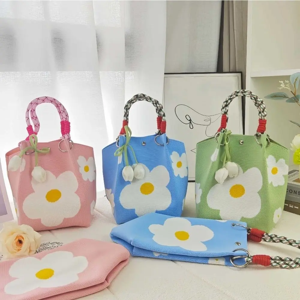 Bolso tote gran capacidad tejido floral con hebilla de anillo - imagen 5