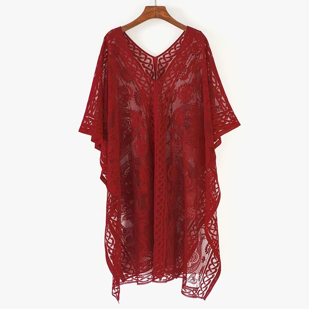 Poncho de playa vintage de encaje floral calado, cuello en V - imagen 5