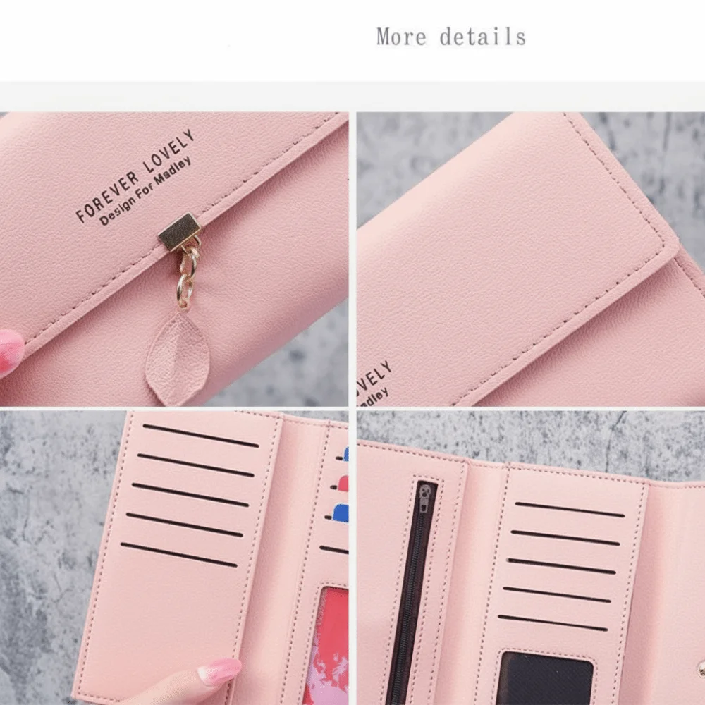 Cartera de cuero PU larga para mujer con broche y borlas