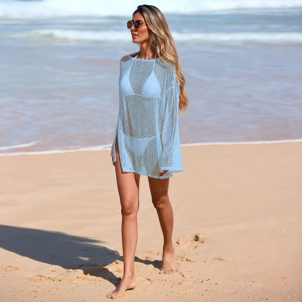 Vestido de playa bohemio transparente de punto transpirable para bikini - imagen 3