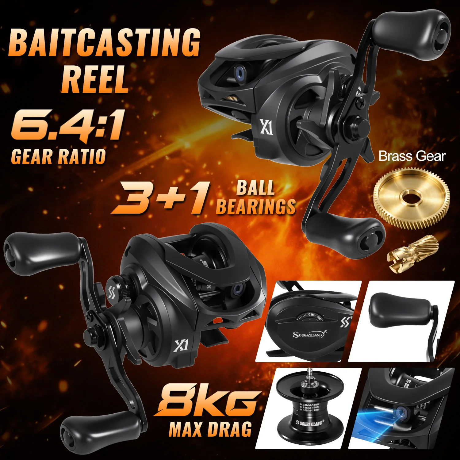 Carrete baitcasting y detalles del sistema de freno