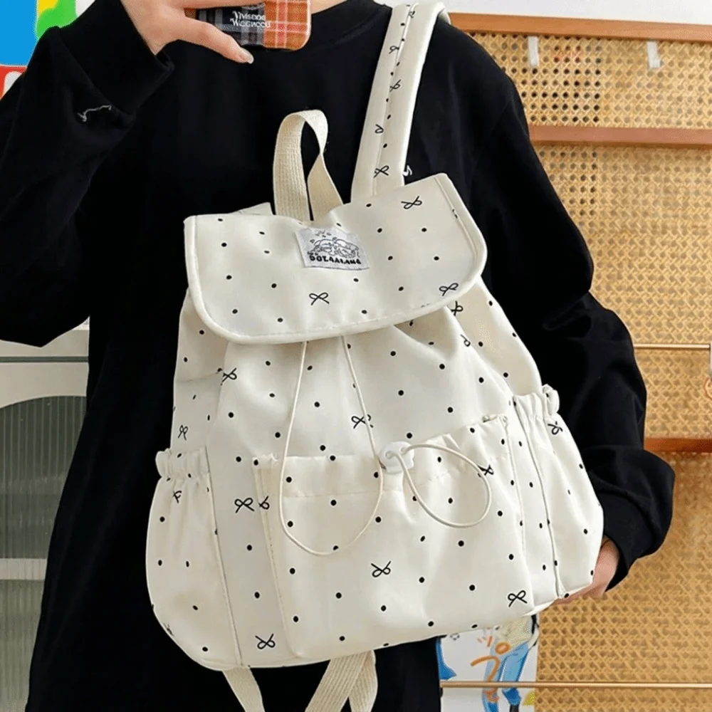 Mochila mujer preppy japonesa con cordón y lunares, gran capacidad