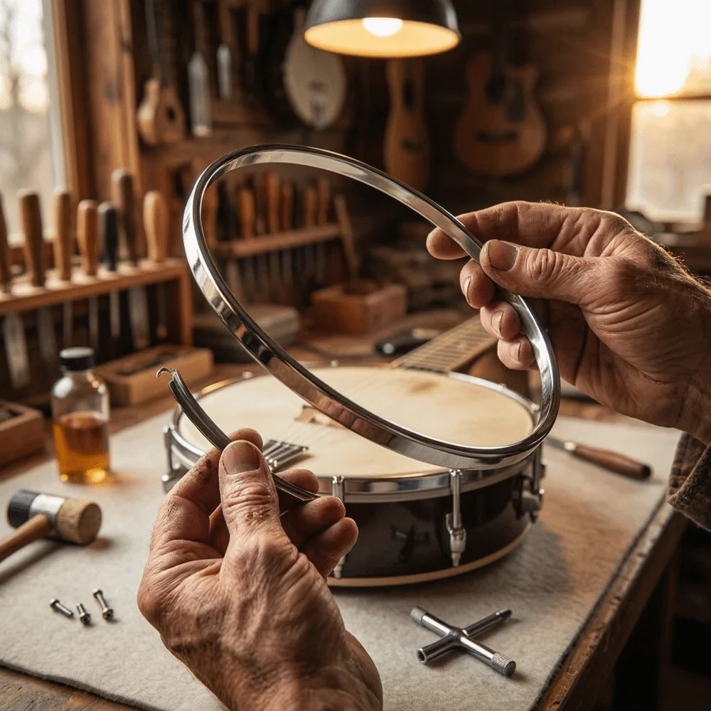 Aro de tensión instalado sobre banjo acústico