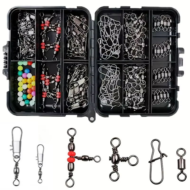 Kit de pesca con snaps y flotadores – Caja negra con giratorios