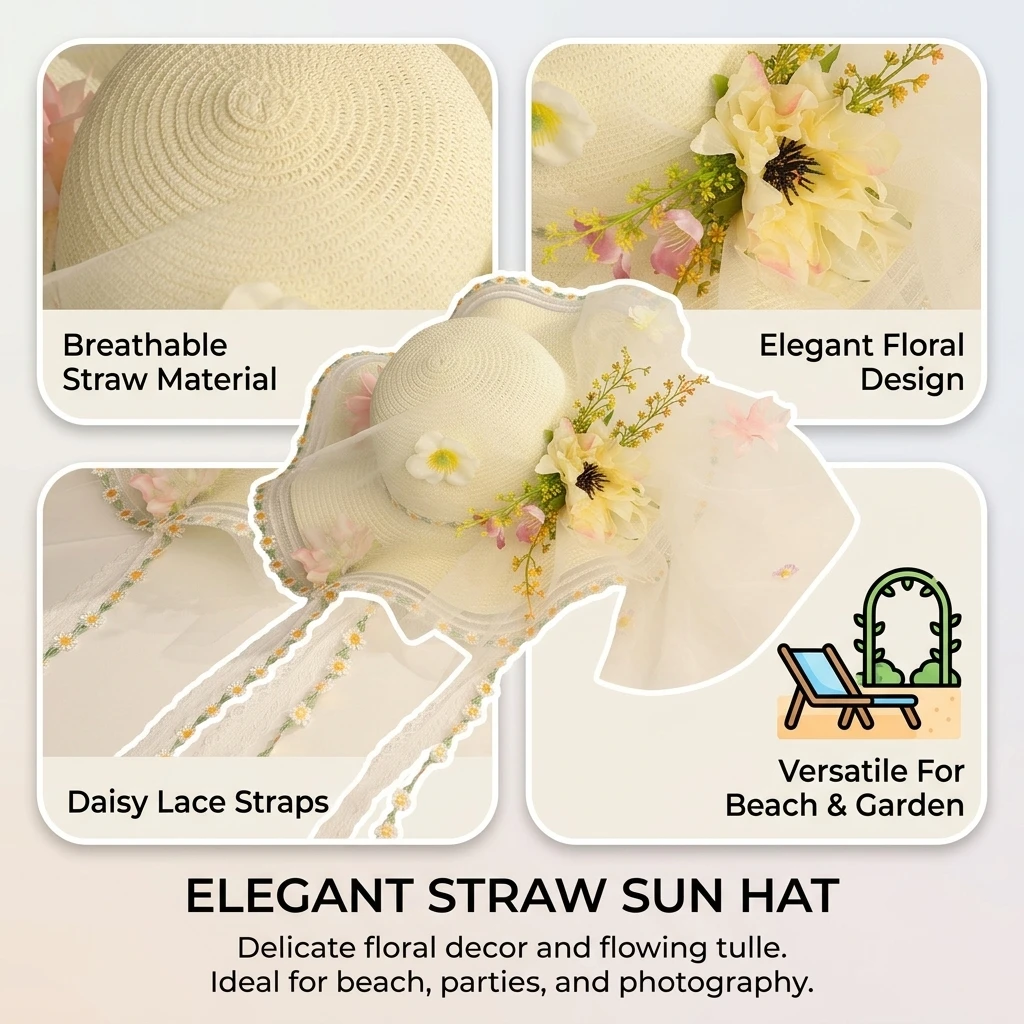 Sombrero de paja hada con flores y lazo