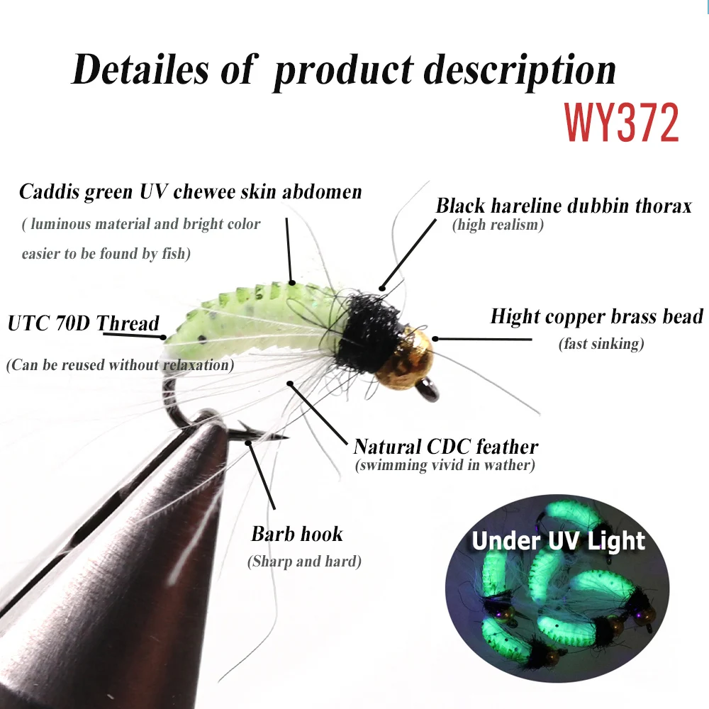 Vtwins Mosca húmeda Caddis Larva UV en pluma y hackle - imagen 3