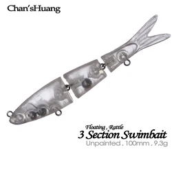 Swimbait Chan'sHuang flotante en blanco sin pintar sonajero 3 secciones 100mm