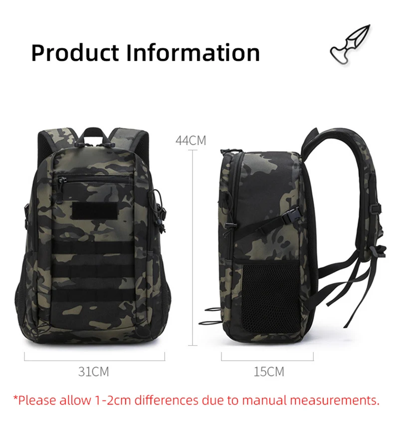 Mochila táctica de pesca Scione en color negro con sistema Molle visible