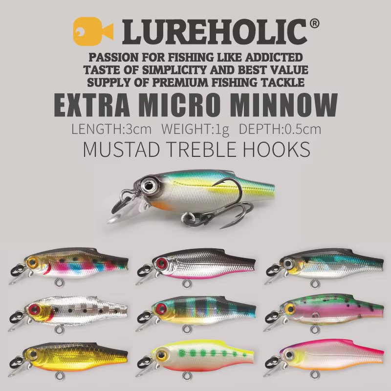 Lureholic Mini Minnow Duro Sumergible 3 cm 1 g con gancho Mustad