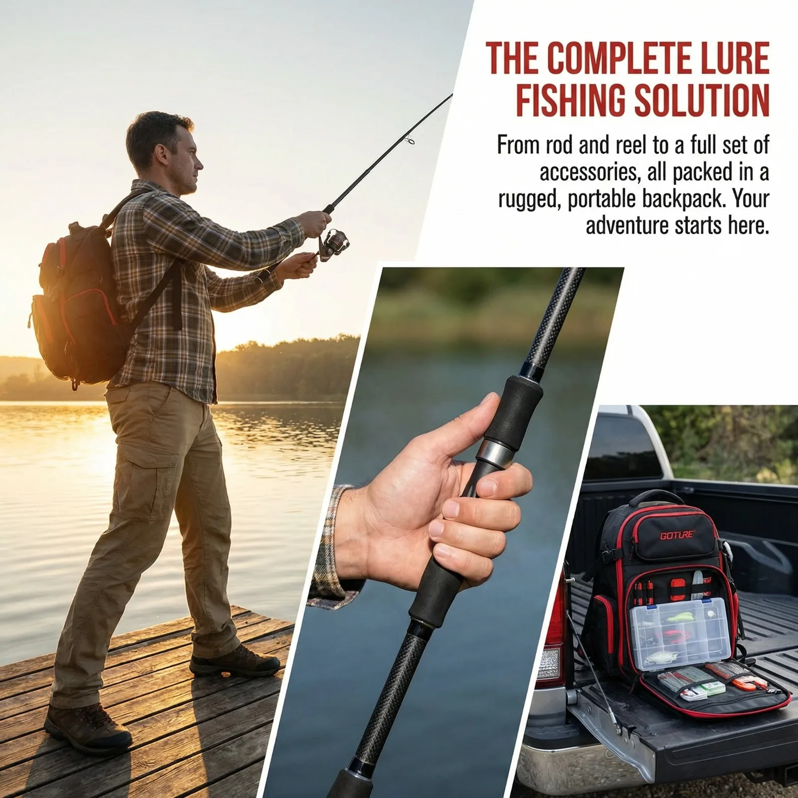 Kit de pesca Goture completo con caña y carrete, señuelos y aparejos
