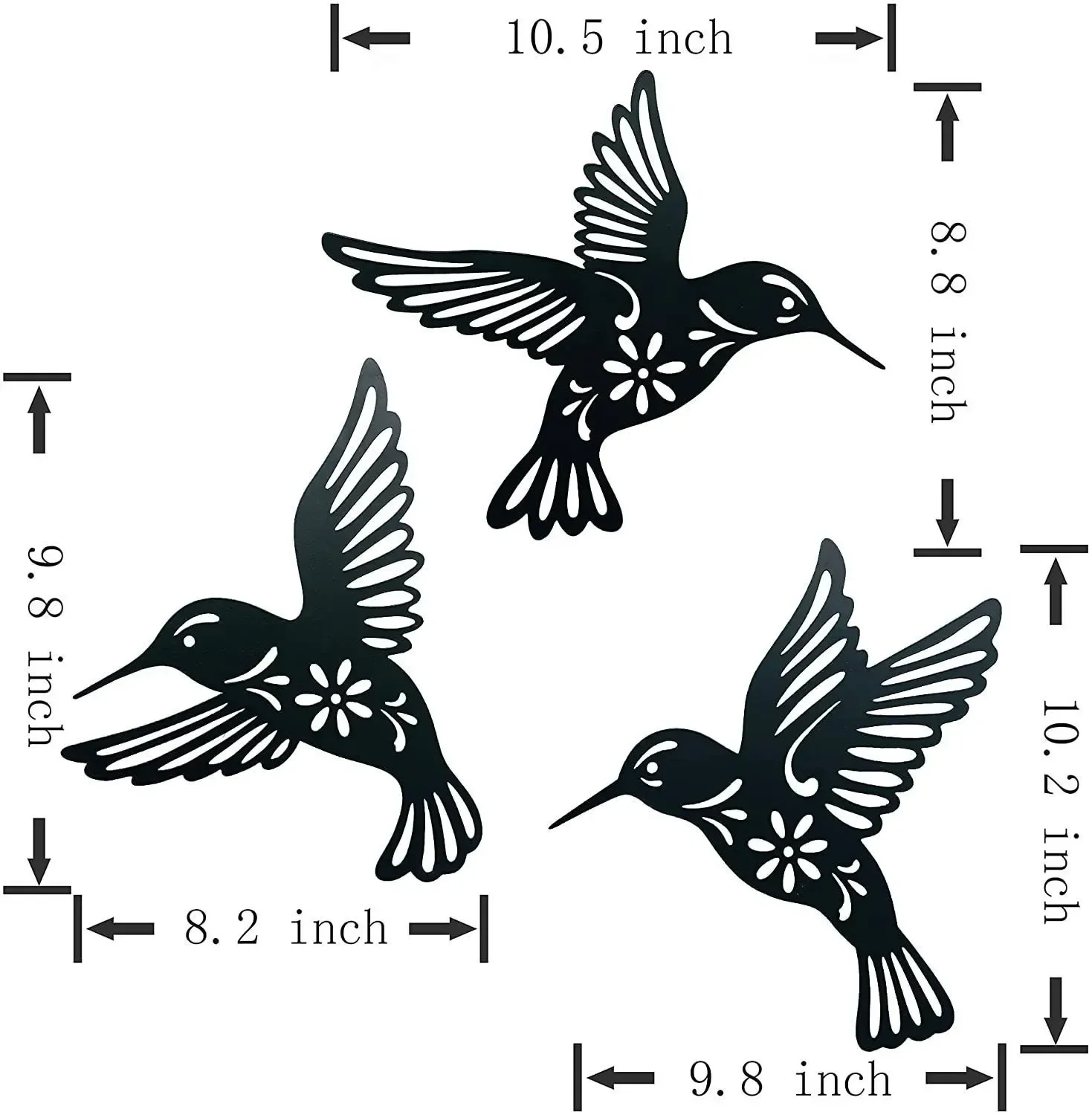 Colibríes de metal negros en decoración de pared