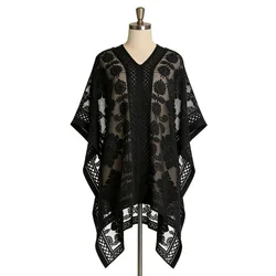 Chal de playa de encaje de moda con protección solar, floral, talla grande, estilo bohemio, casual, transparente, protector solar, para verano.