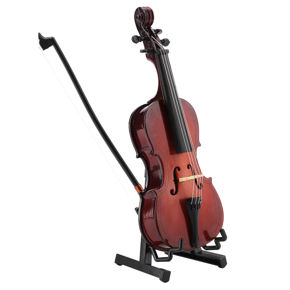 Violonchelo miniatura presentado como pieza decorativa