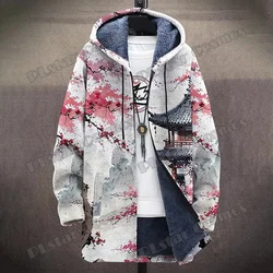 Abrigo largo con capucha retro japonés 3D Sakura de felpa