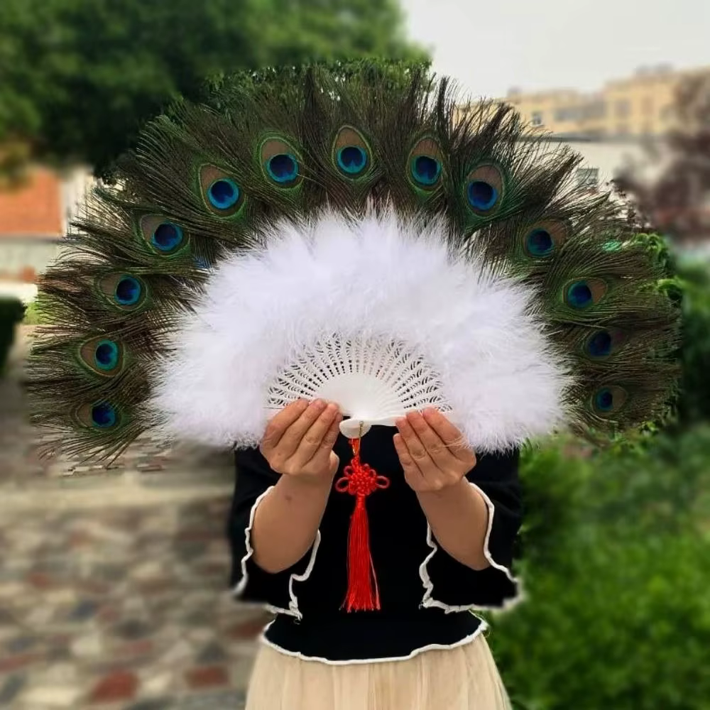 Abanico multicolor grande con plumas de pavo real – Bodas y eventos