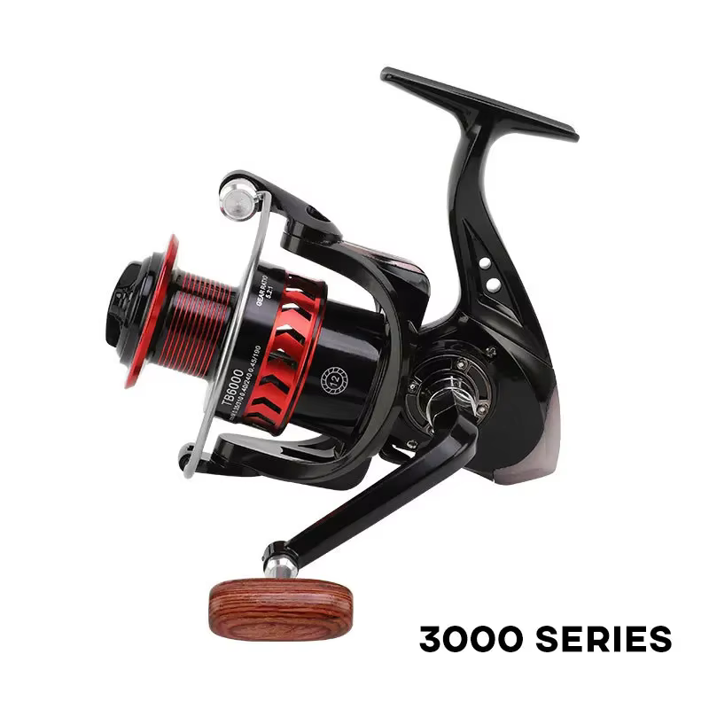 Maneta carrete pesca TB imitación madera – Negro brillo y rojo - imagen 3