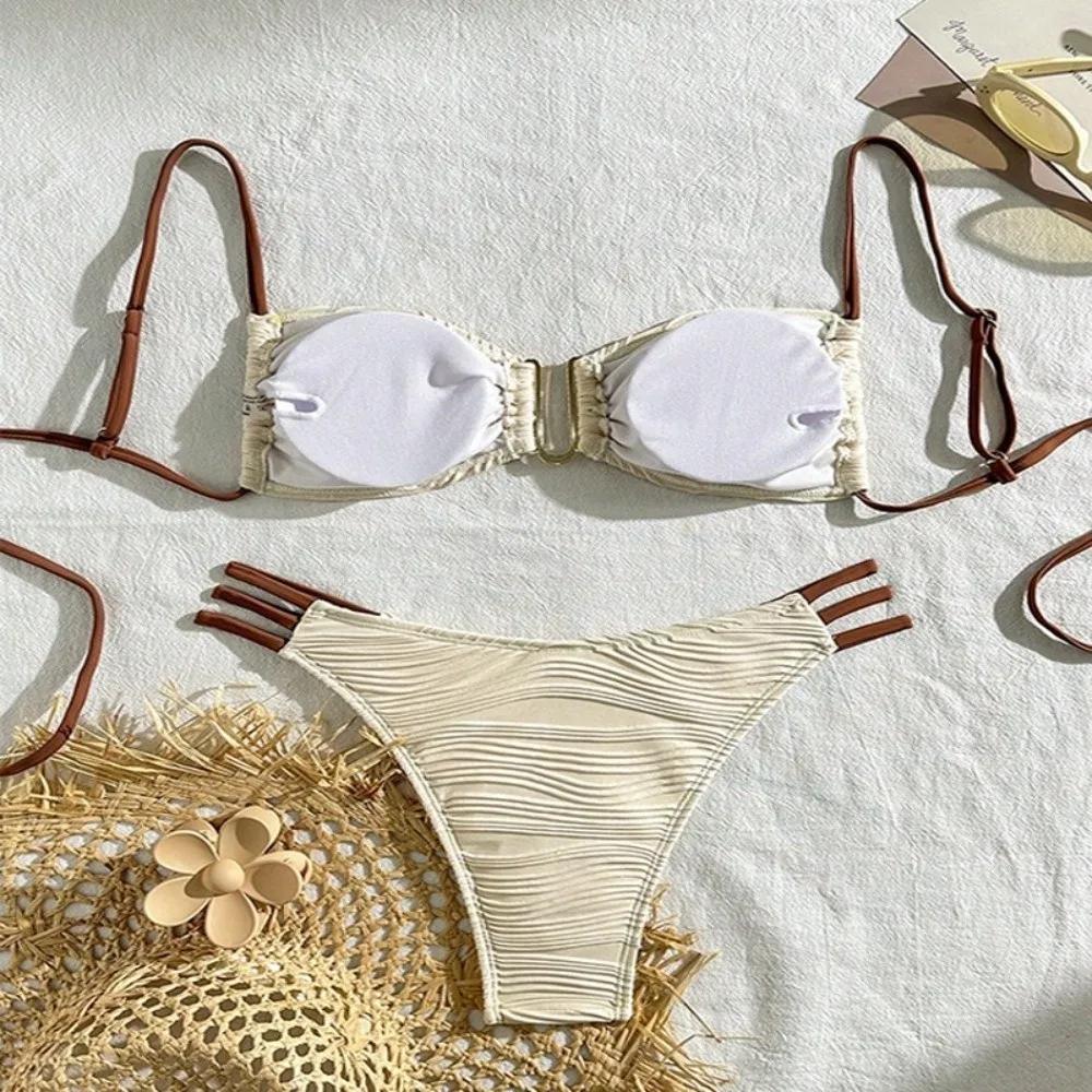 Conjunto bikini textura arrugada hueco para mujer, traje de verano - imagen 2