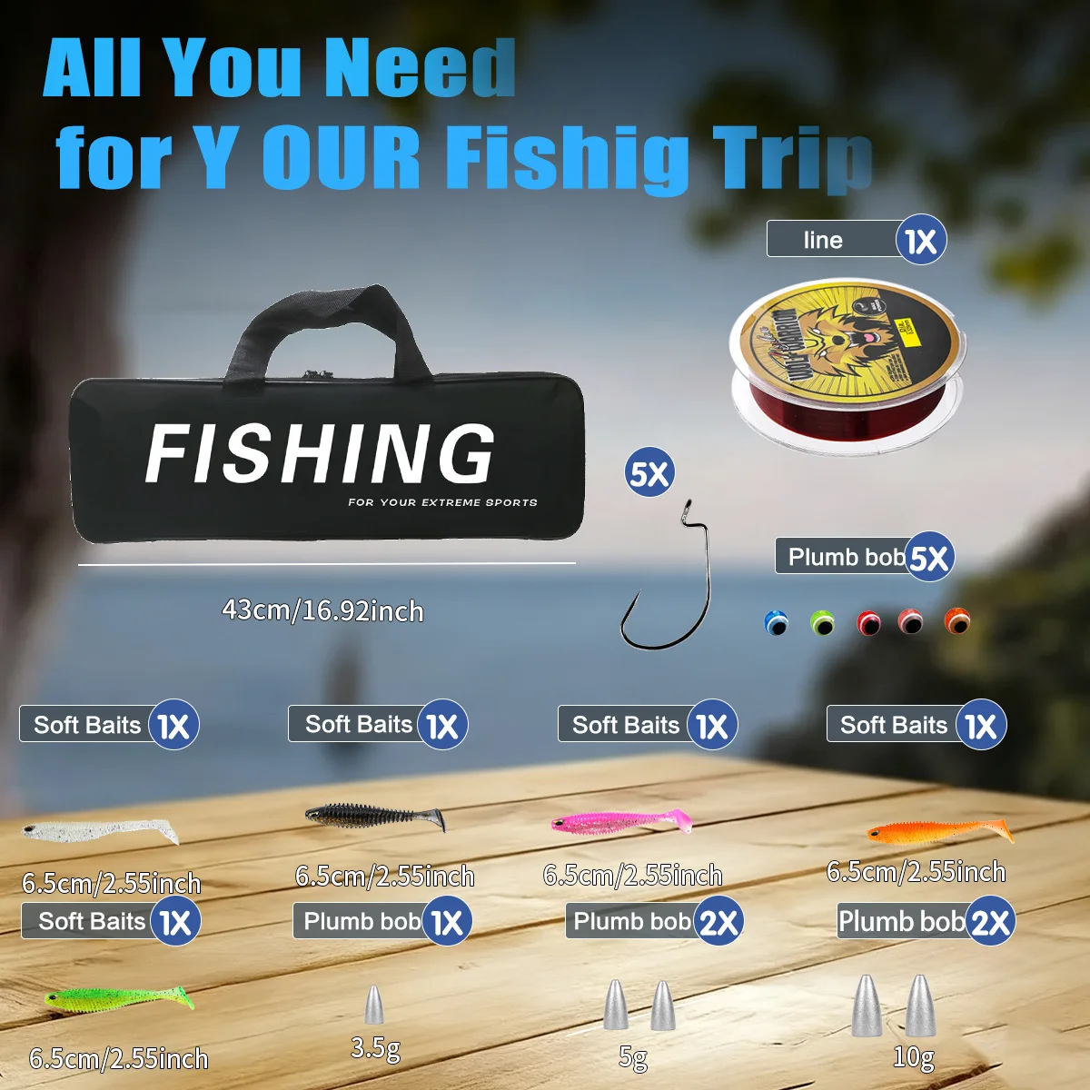 Kit de pesca con caña telescópica, carrete y señuelos duros y blandos - imagen 2