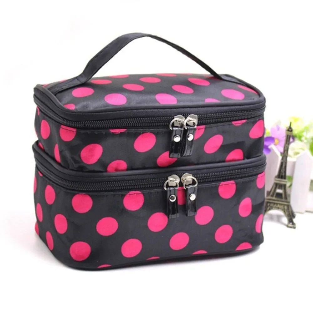 Bolsa maquillaje doble capa con puntos, estuche viaje portátil - imagen 3