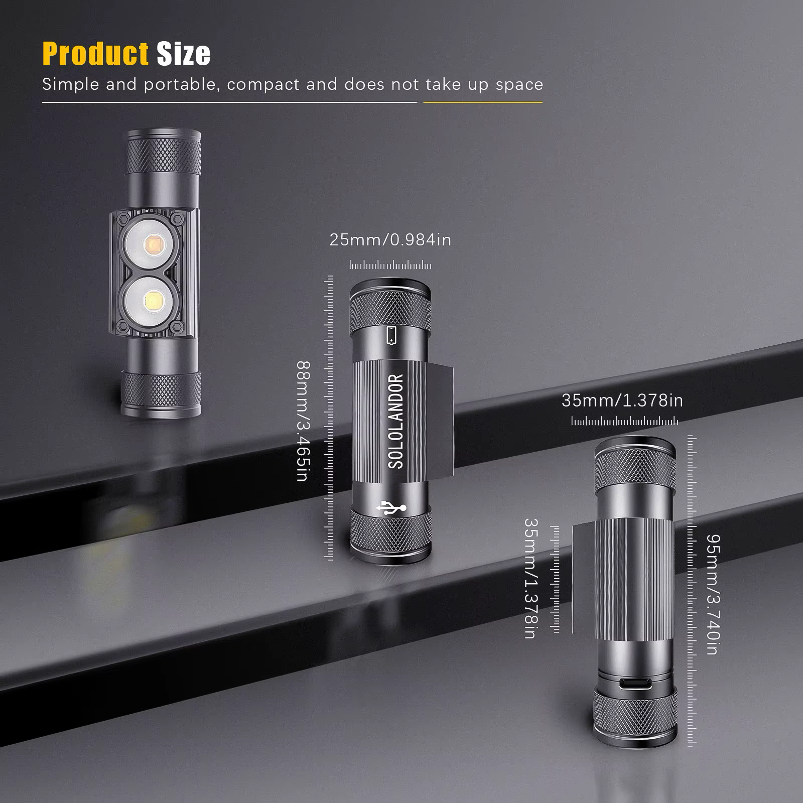 SOLOLANDOR Linterna frontal LED blanca y amarilla recargable por USB-C - imagen 3