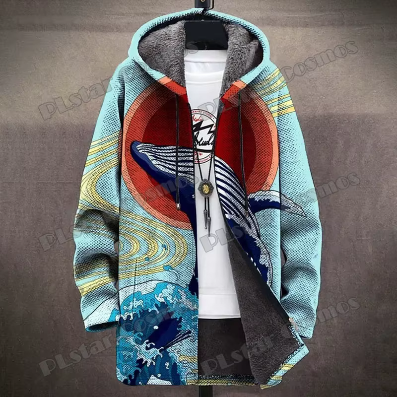 Chaqueta Abrigo Largo con Capucha Estampado 3D Grulla – Estilo Japonés - imagen 2