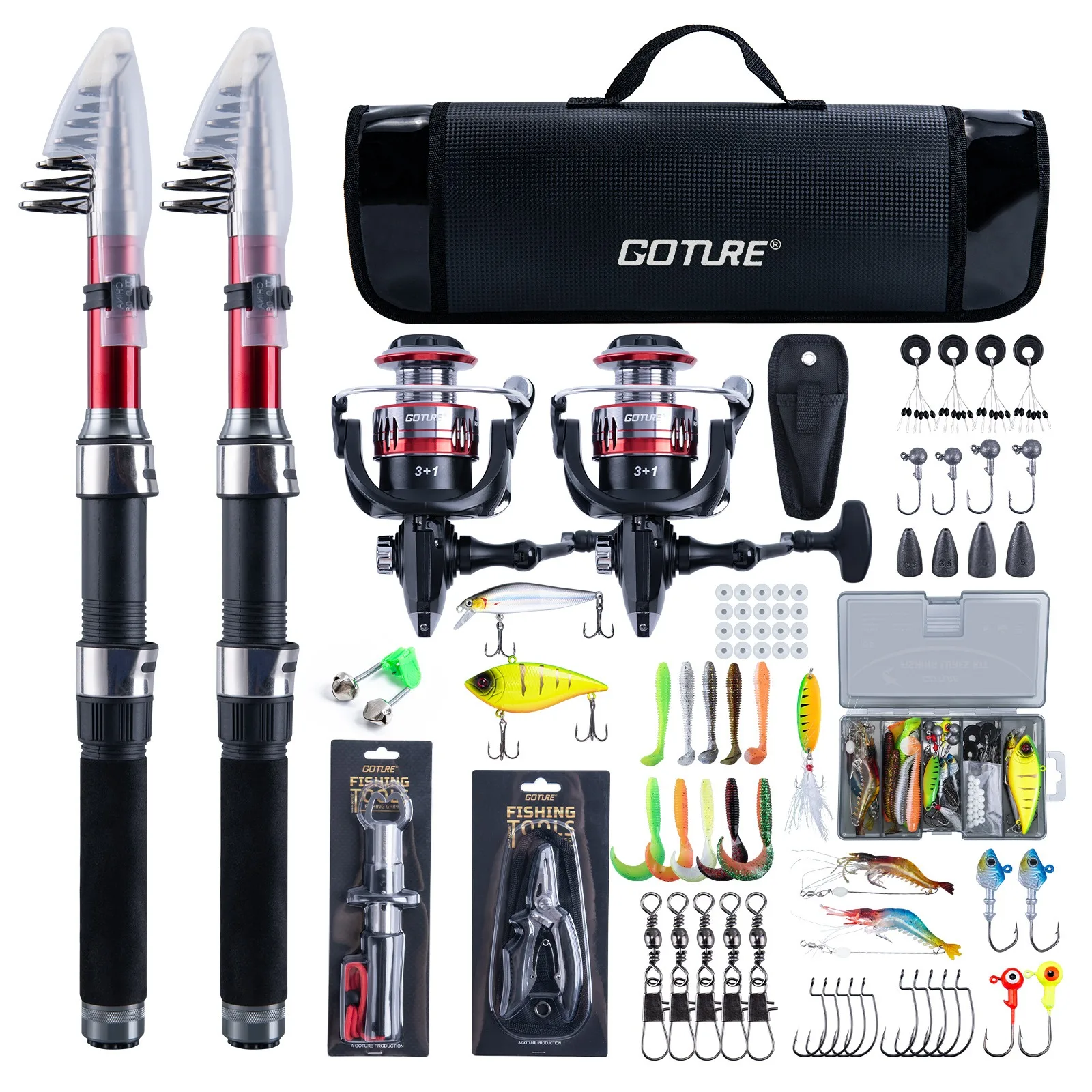 Kit de pesca Goture con cañas telescópicas de carbono y señuelos - imagen 3