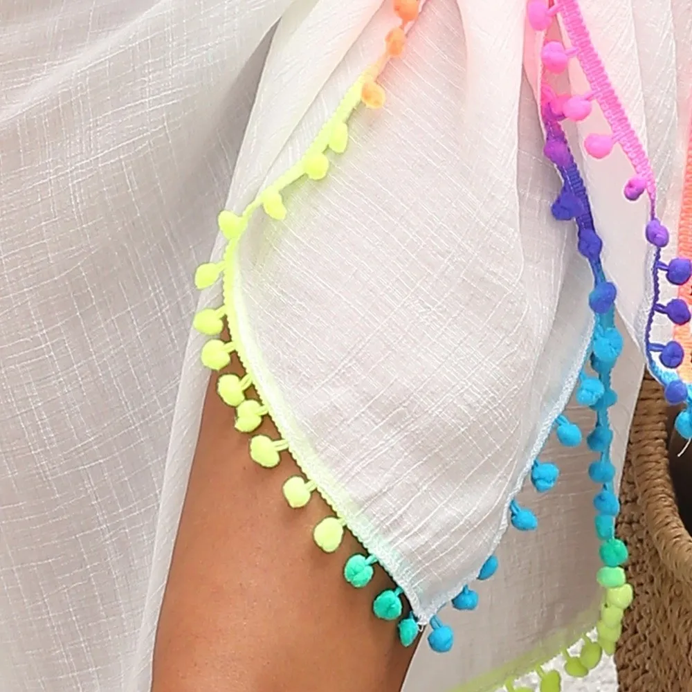 Falda chifón transparente con borlas pompón multicolor, diseño irregular - imagen 2
