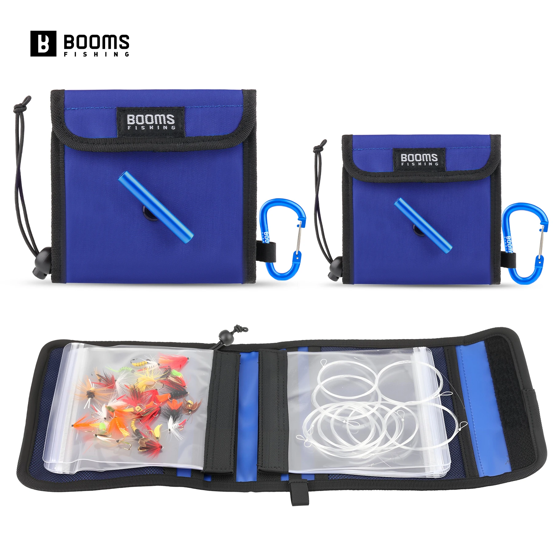 Carpeta de aparejos Booms Fishing abierta con bolsas transparentes organizadas