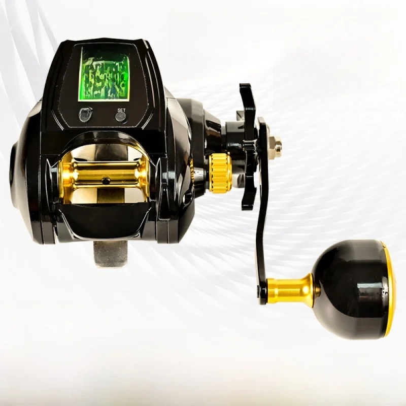 Carrete baitcasting digital impermeable para agua salada, manivela larga