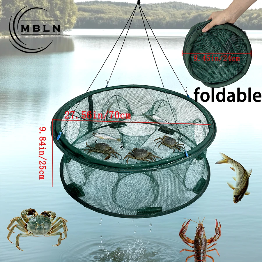 Trampa para camarones plegable extendida mostrando su estructura de malla
