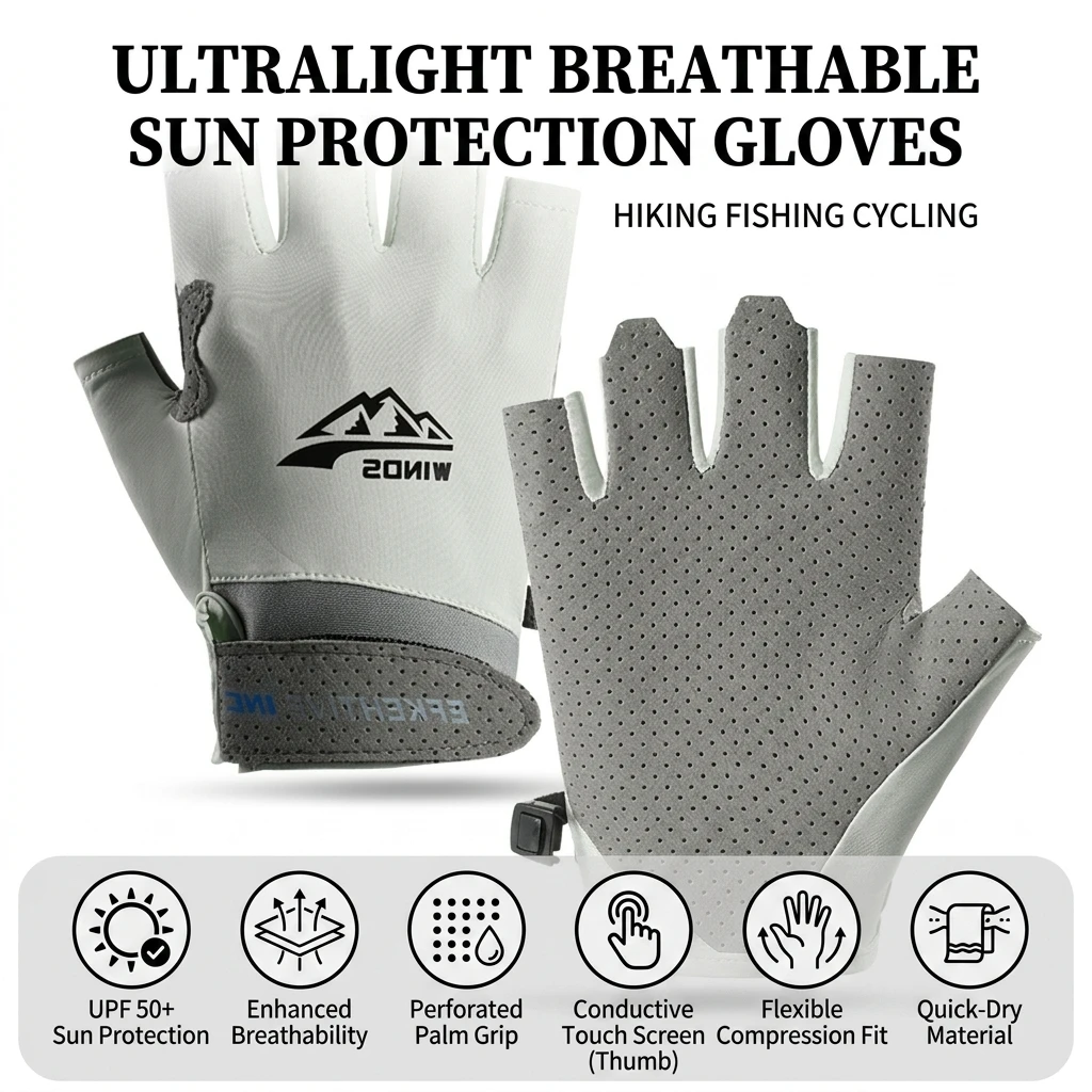 Guantes de pesca medio dedo transpirables UV para verano