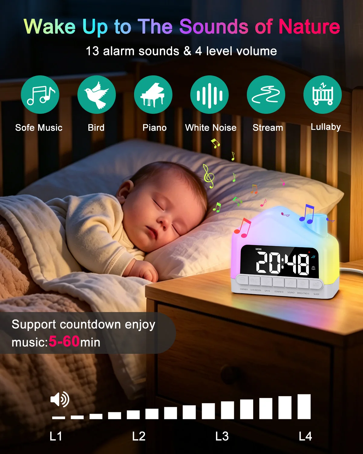 Reloj despertador RGB USB-C con alarma dual y bloqueo infantil - imagen 4