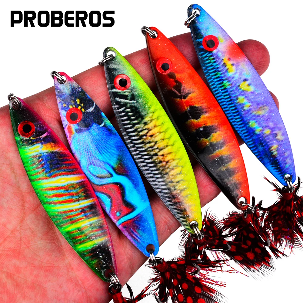 Cuchara metálica PROBEROS con anzuelo triple y pluma para lubina - imagen 2