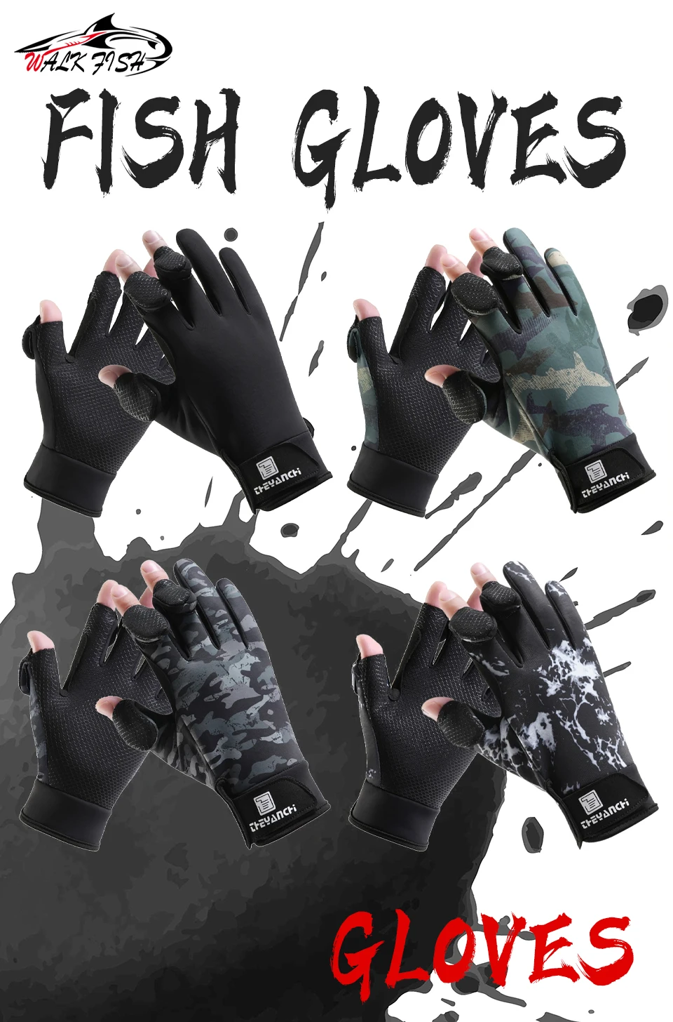 Guantes de pesca WALK FISH vista frontal en negro