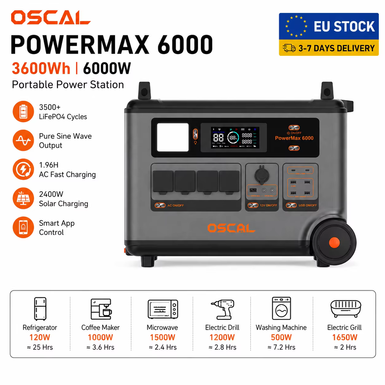 Estación de Energía Portátil OSCAL 6000W – Generador Solar LiFePO4 3600Wh - imagen 5