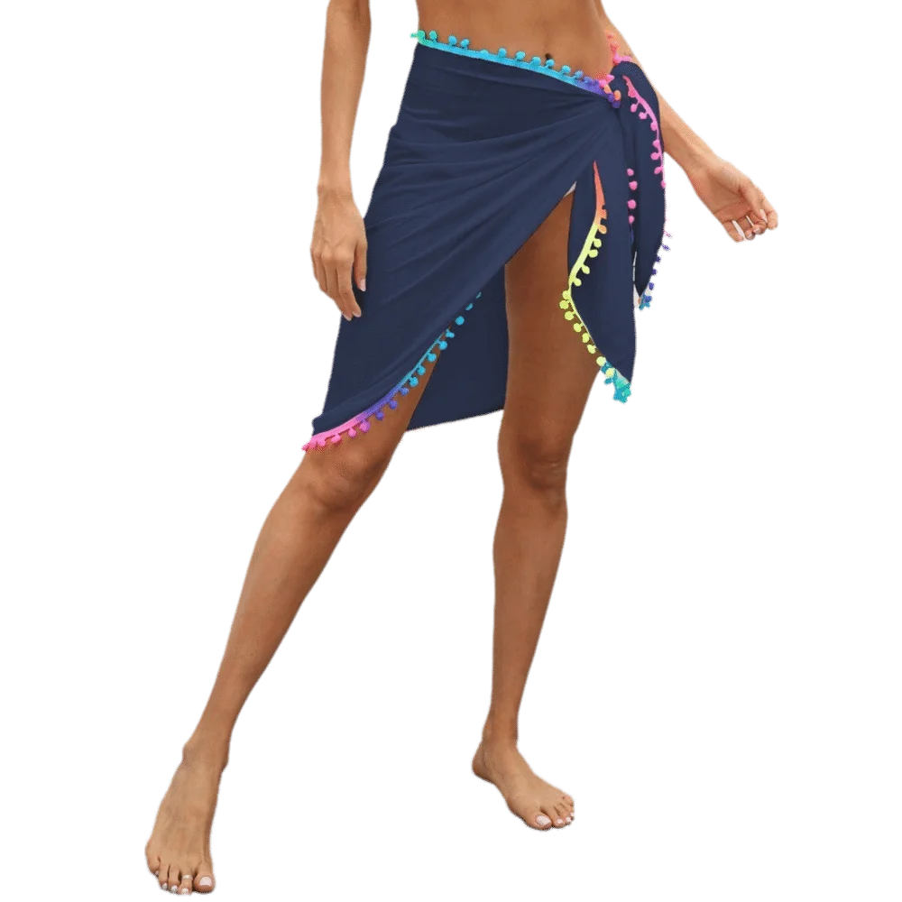 Falda chifón transparente con borlas pompón multicolor, diseño irregular - imagen 3